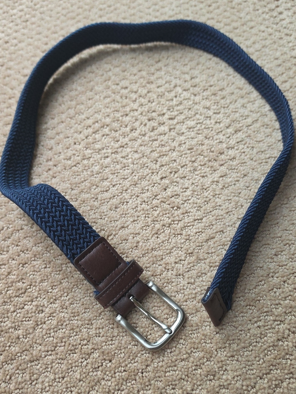 Youth XL Navy Stretch Woven Belt with Brown Leather Trim